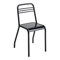 Black metal chair with sleek design, featuring three horizontal stripes on the backrest and a solid black seat.
