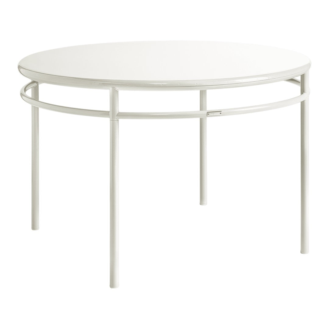 Round white table with a sleek, minimalist design, featuring smooth surfaces and clean, simple lines.