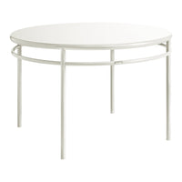 Round white table with a sleek, minimalist design, featuring smooth surfaces and clean, simple lines.