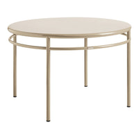 Round beige table with a sleek, minimalist design and smooth surface, complemented by sturdy metal legs.