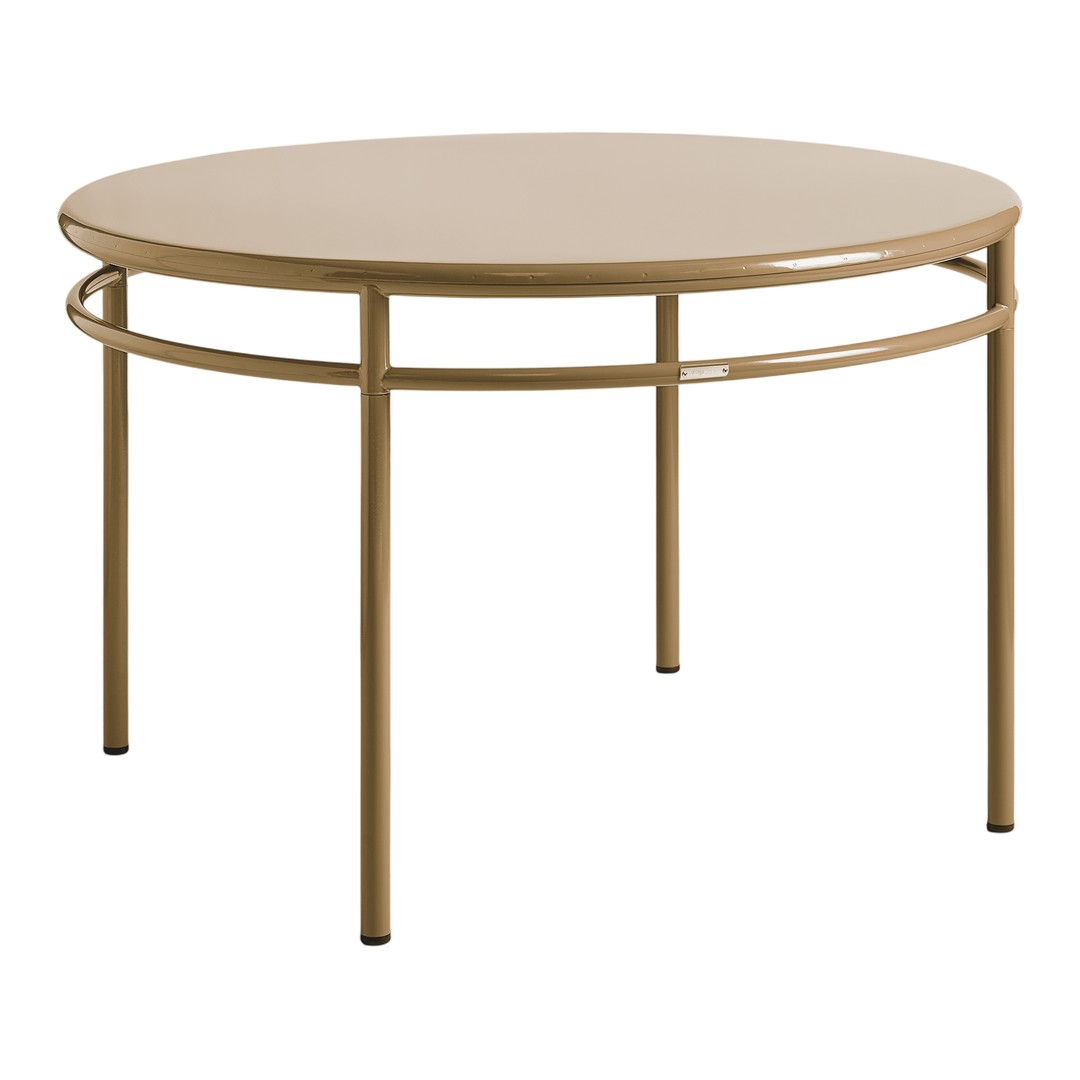 Round coffee table in a soft beige finish with sleek metal legs and a minimalist design. Perfect for modern spaces.