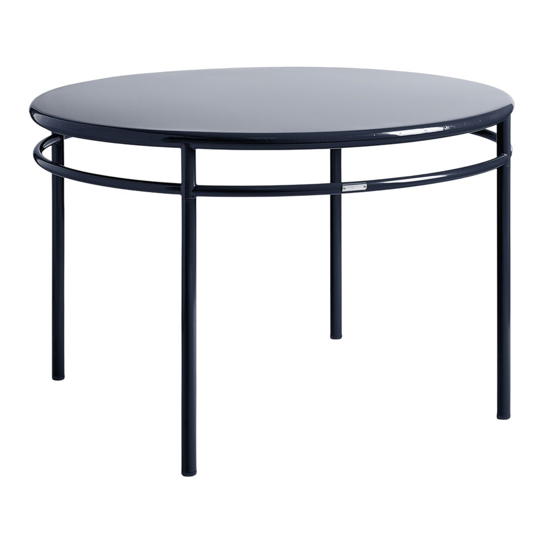 Round navy blue metal table with a sleek, minimalist design and smooth surface. Perfect for modern decor. 
