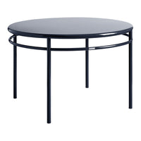 Round navy blue metal table with a sleek, minimalist design and smooth surface. Perfect for modern decor. 