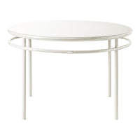 Round white table with a minimalist design and sleek metal legs, featuring a smooth, glossy surface.
