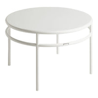 White round coffee table with a sleek, minimalist design and smooth surface, featuring a circular frame.