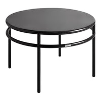 Black round coffee table with a sleek, minimalist design and a glossy finish, featuring a simplistic circular pattern.