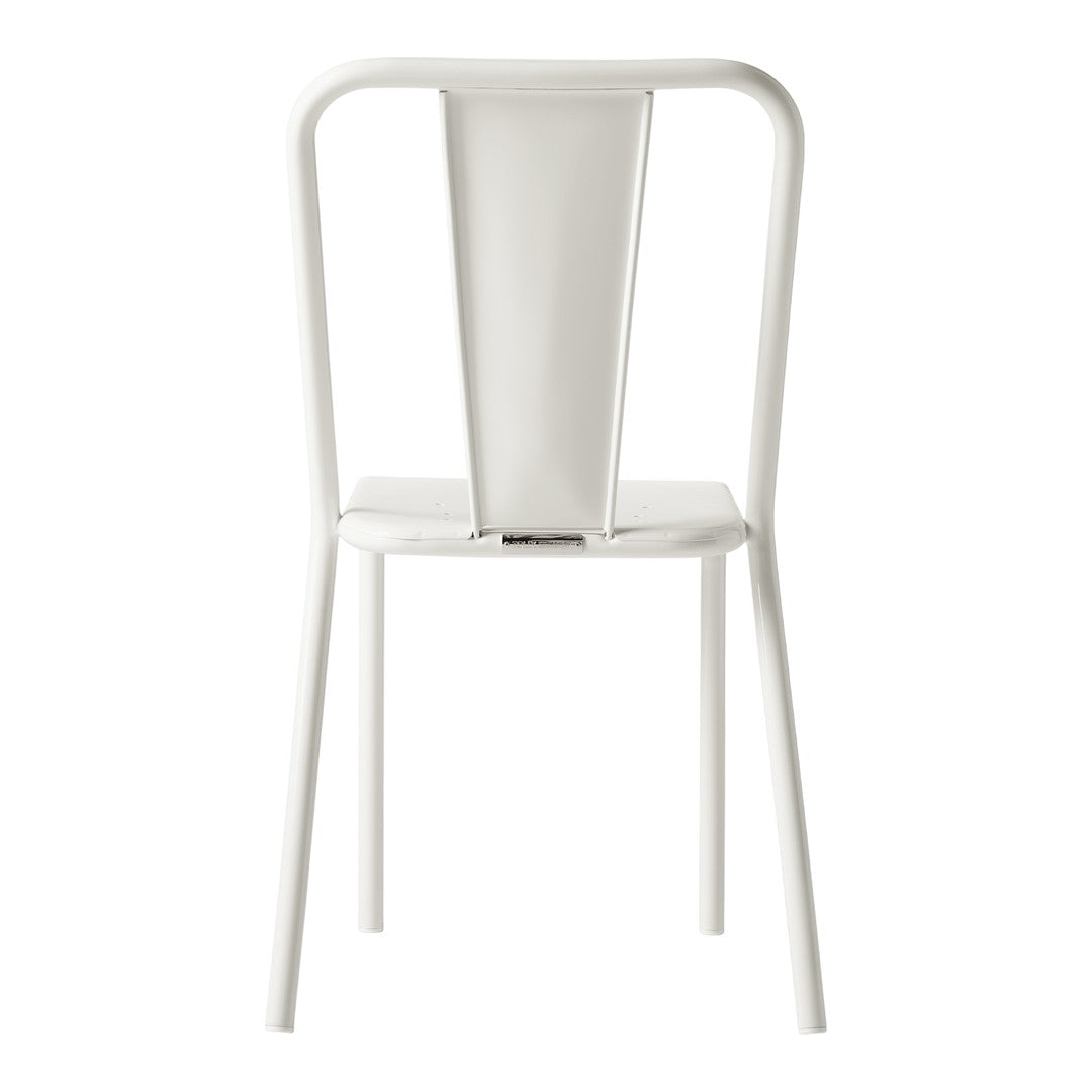 White metal chair with a minimalist design and vertical backrest pattern, perfect for modern decor.