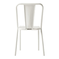 White metal chair with a minimalist design and vertical backrest pattern, perfect for modern decor.