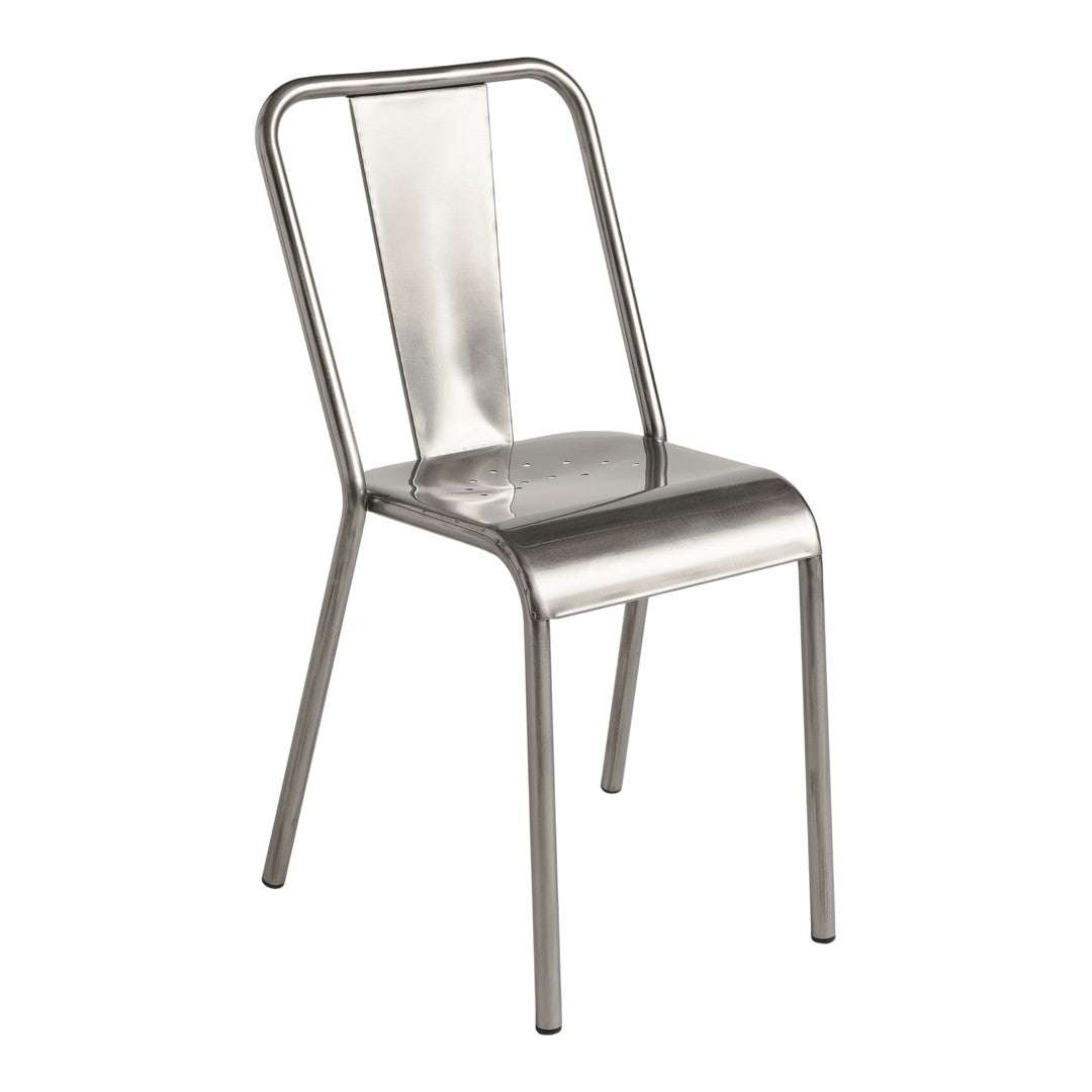 Metal chair in sleek silver finish with a minimalist design and smooth, reflective surface. Ideal for modern decor.
