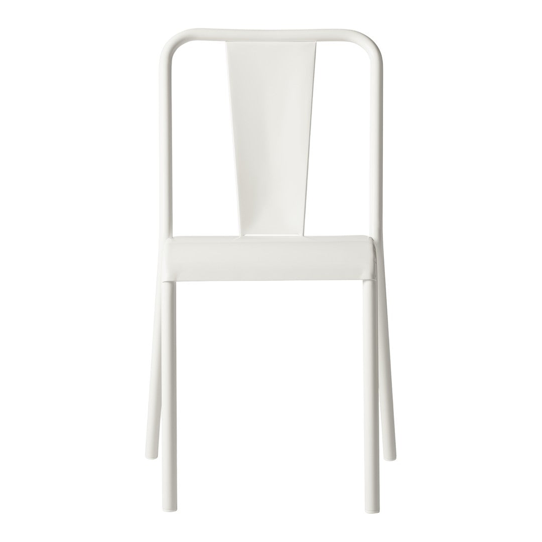 Slim white chair with a minimalist design and smooth, clean lines, perfect for modern decor.
