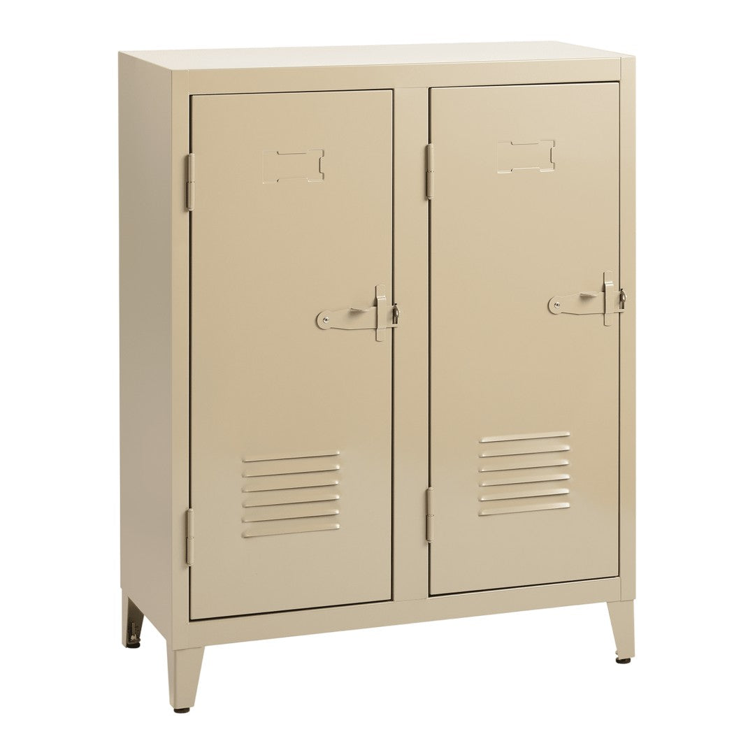 Beige metal locker cabinet with vertical slats and minimalist design, featuring two doors and a sleek finish.