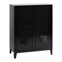 Black metal storage locker with a sleek, minimalist design and vented doors, perfect for modern decor.