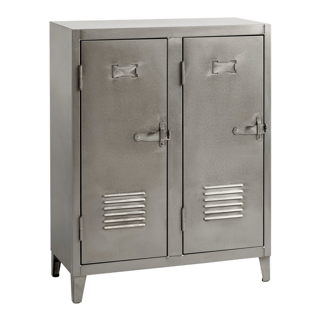Metallic gray two-door locker with sleek lines and vertical slat patterns on the door. Ideal for industrial decor.