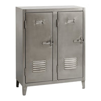 Metallic gray two-door locker with sleek lines and vertical slat patterns on the door. Ideal for industrial decor.