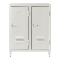 Two-door metal locker in sleek white finish with horizontal slats and a minimalist design. Perfect for modern storage.