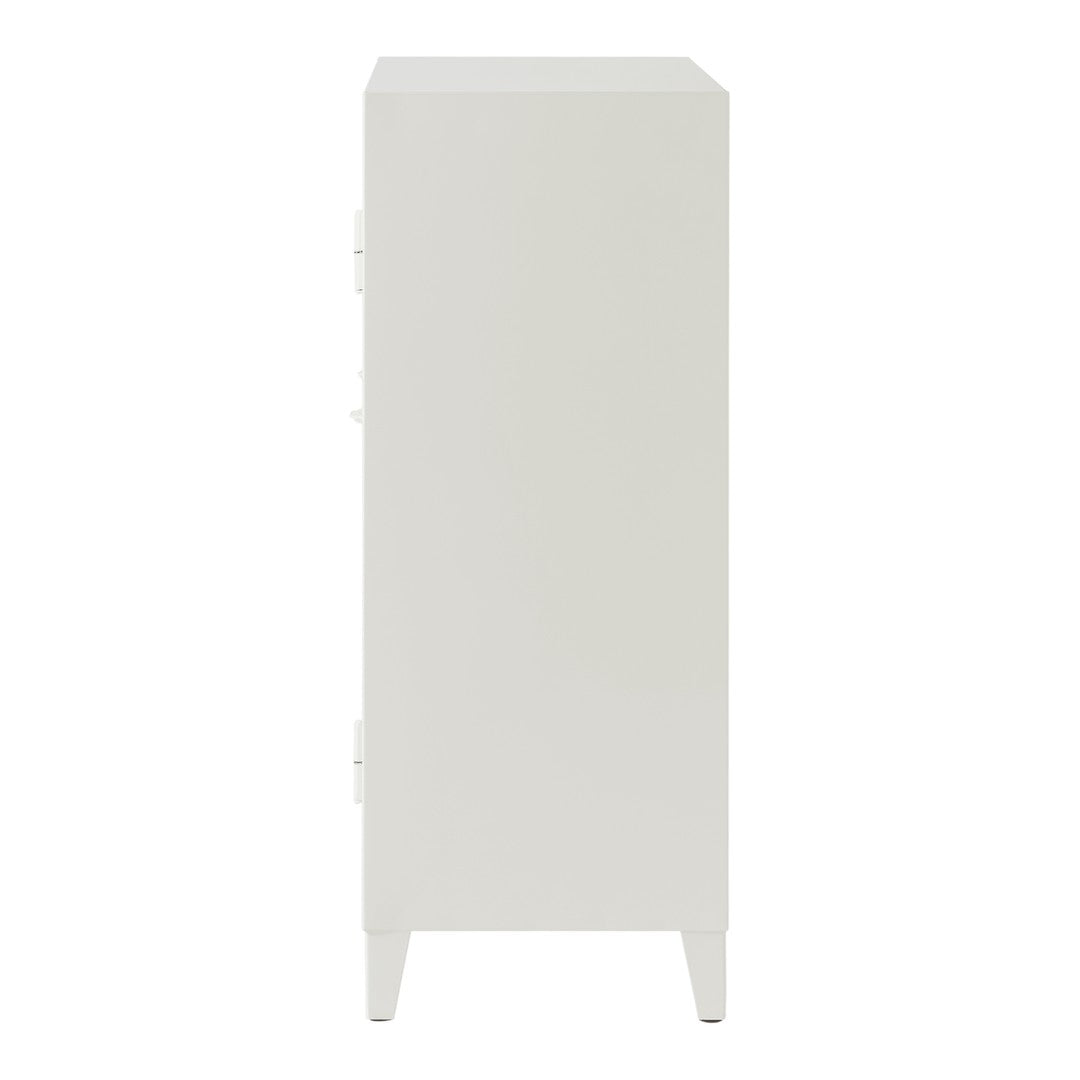 Sleek white storage cabinet with a minimalist design and smooth finish, perfect for modern interiors.