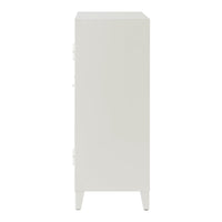 Sleek white storage cabinet with a minimalist design and smooth finish, perfect for modern interiors.