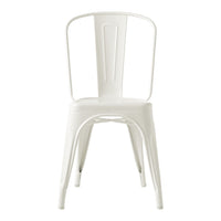 White metal chair with a minimalist design featuring a smooth finish and simple lines, perfect for modern decor.