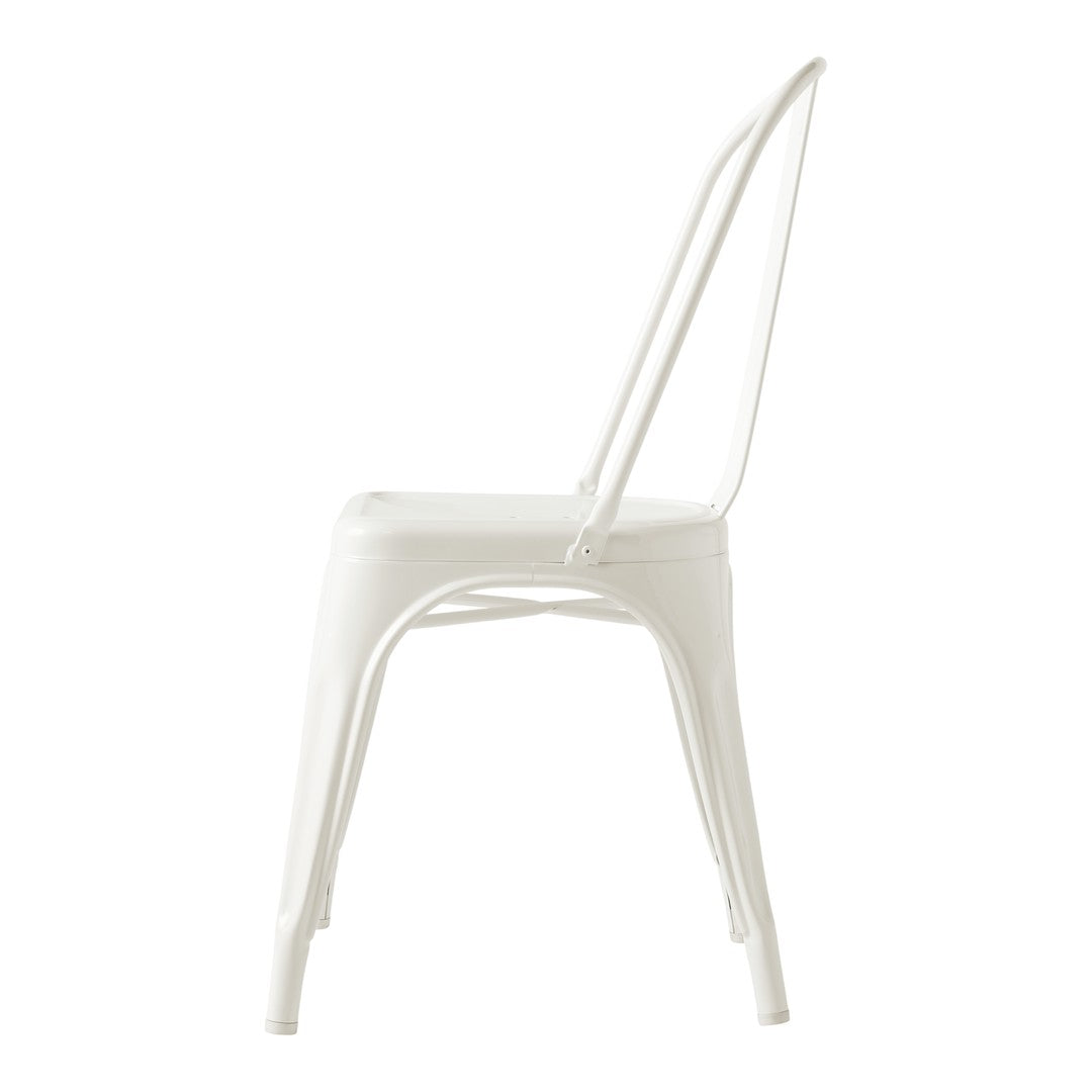 Side view of a minimalist white chair with a sleek, smooth finish and simple linear outlines. Perfect for modern decor.