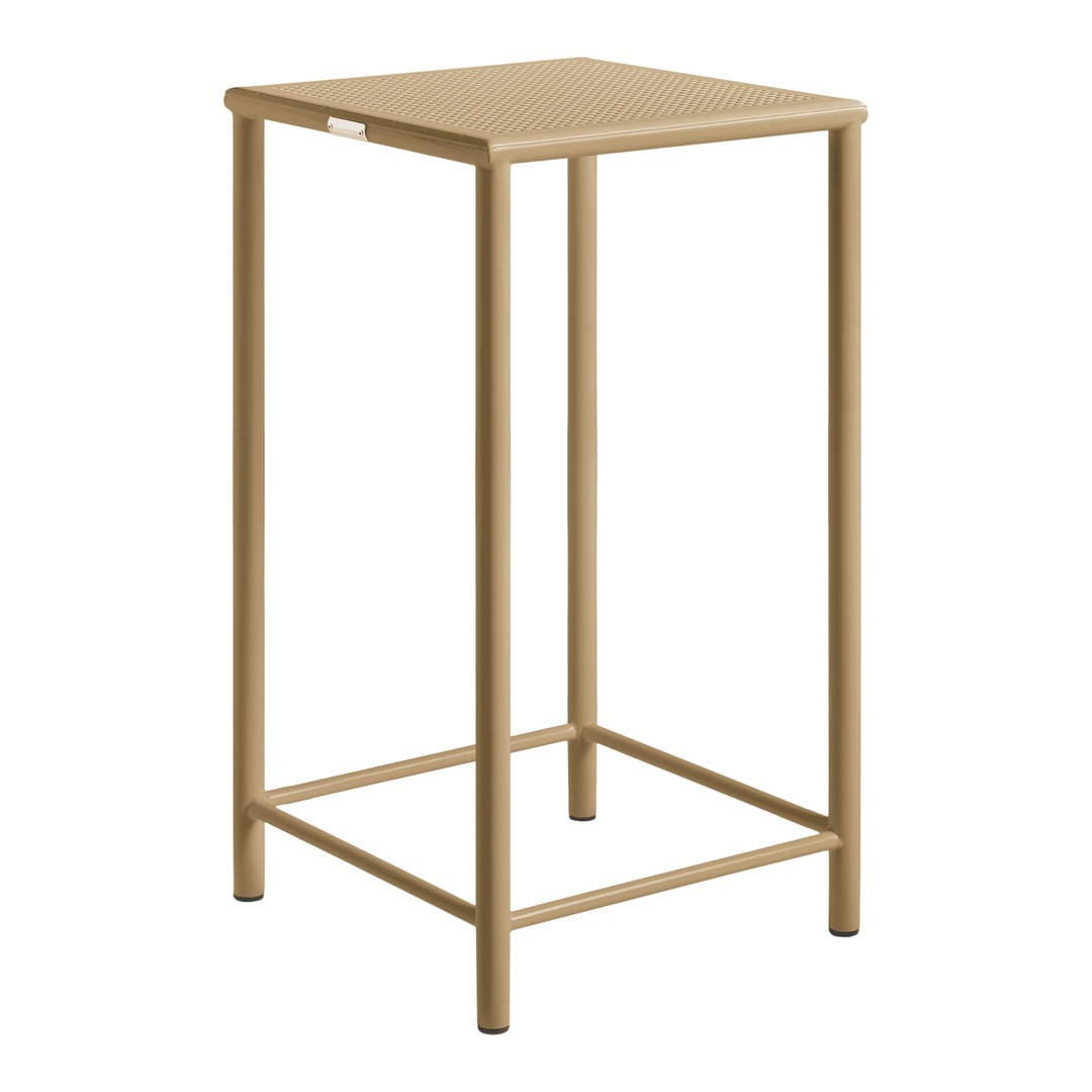Tan square bar table with a sleek, minimalist design and smooth, solid surface. Ideal for modern decor.