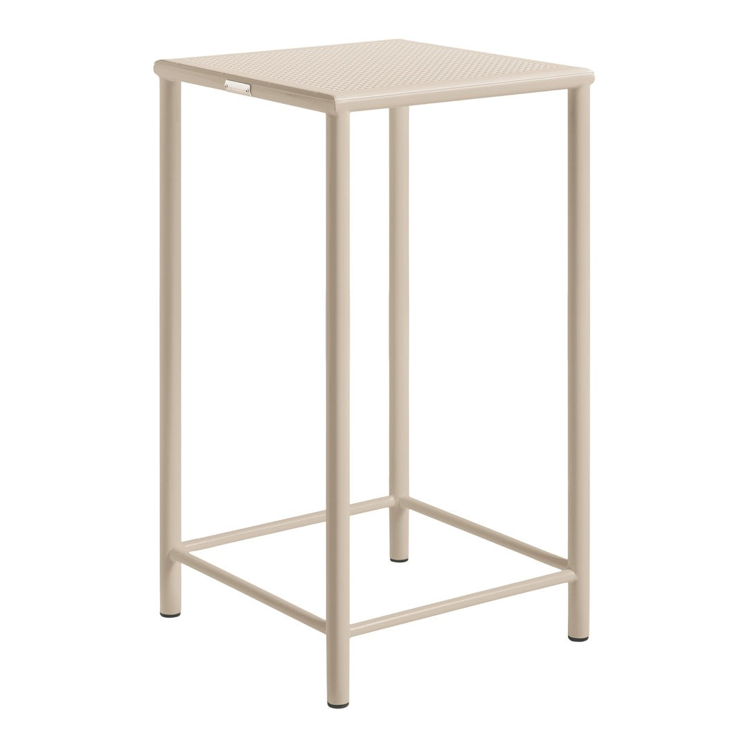 Beige metal bar stool with a simple, modern design and clean lines. Perfect for minimalist decor.
