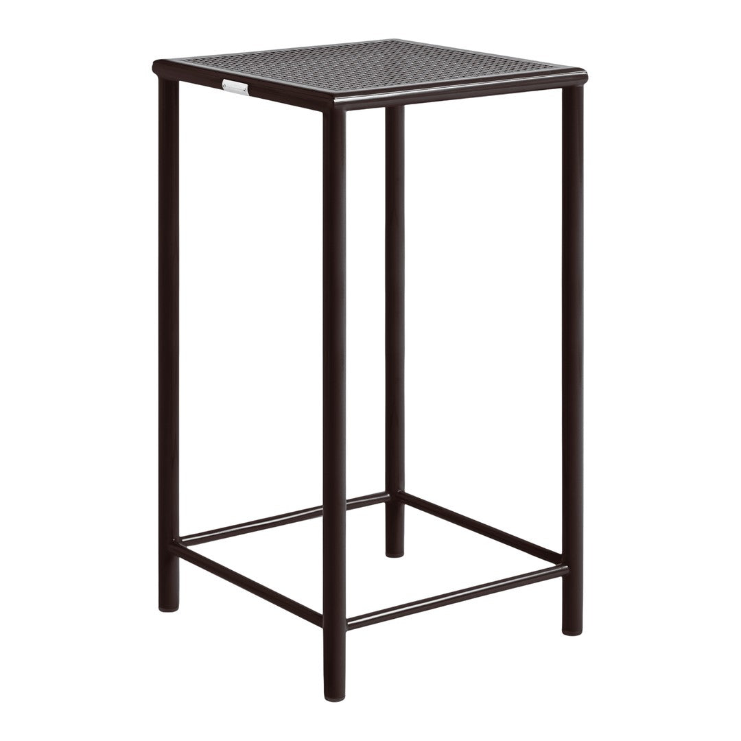 Black metal bar table with a textured top and sleek legs, perfect for modern outdoor or indoor settings.