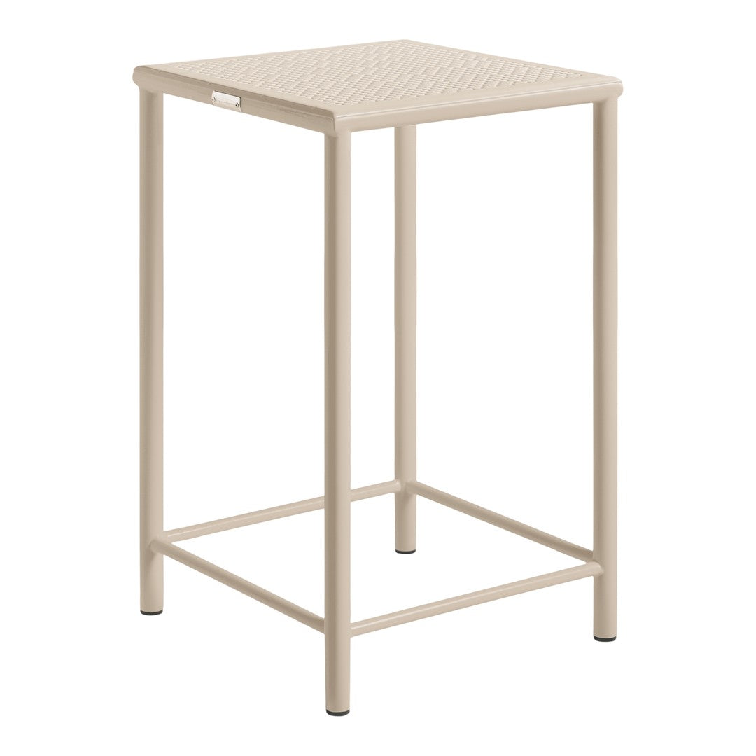 Beige metal stool with a sleek, minimalist design and a simple square top, perfect for modern spaces.