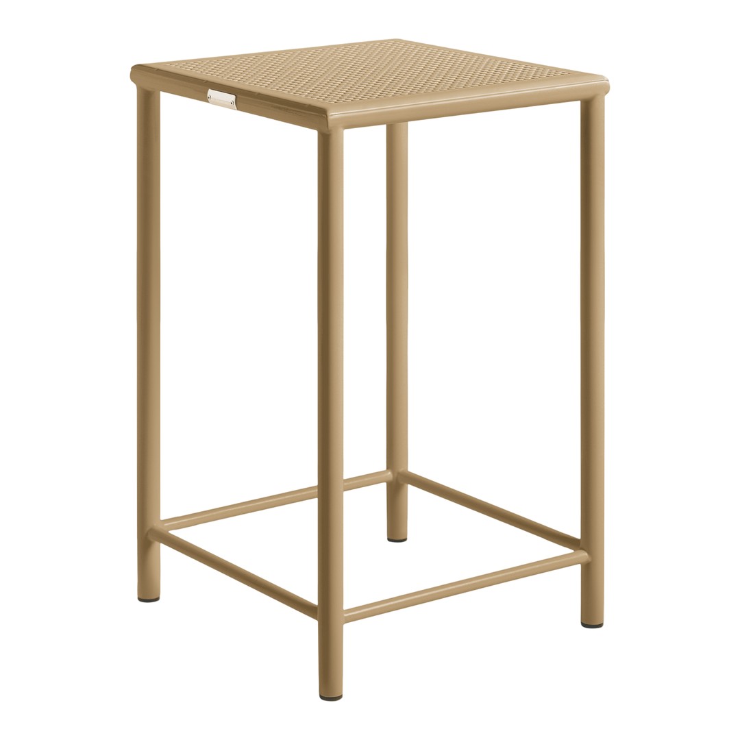 Tan square bar stool with a smooth surface and minimalist design, perfect for modern spaces.