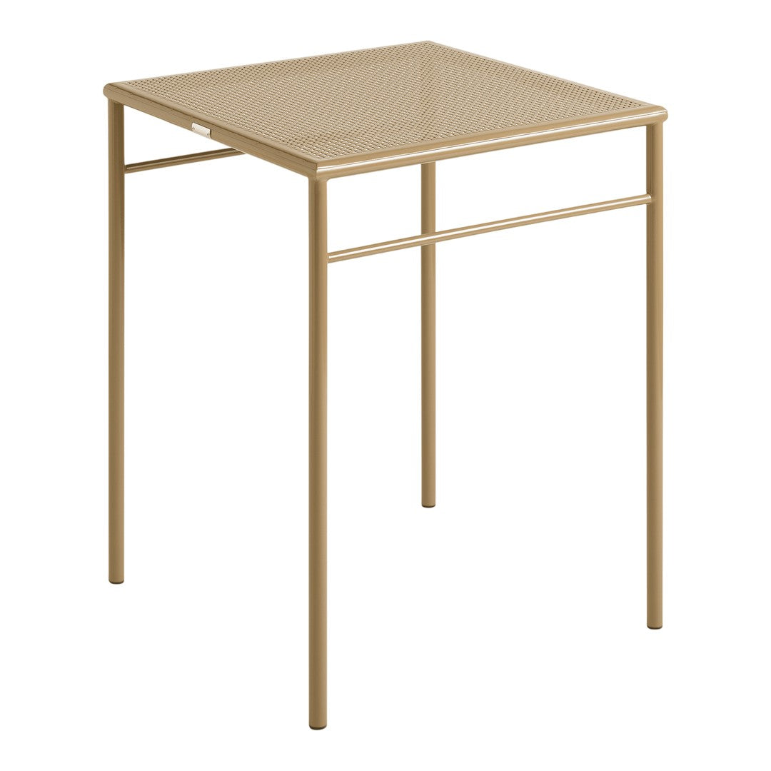 Square, gold metal table with a sleek, minimalist design and smooth surface, perfect for modern decor.