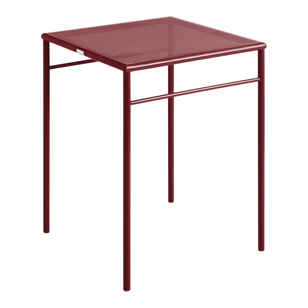 "Square metal table in deep burgundy with a sleek, modern design and smooth finish."