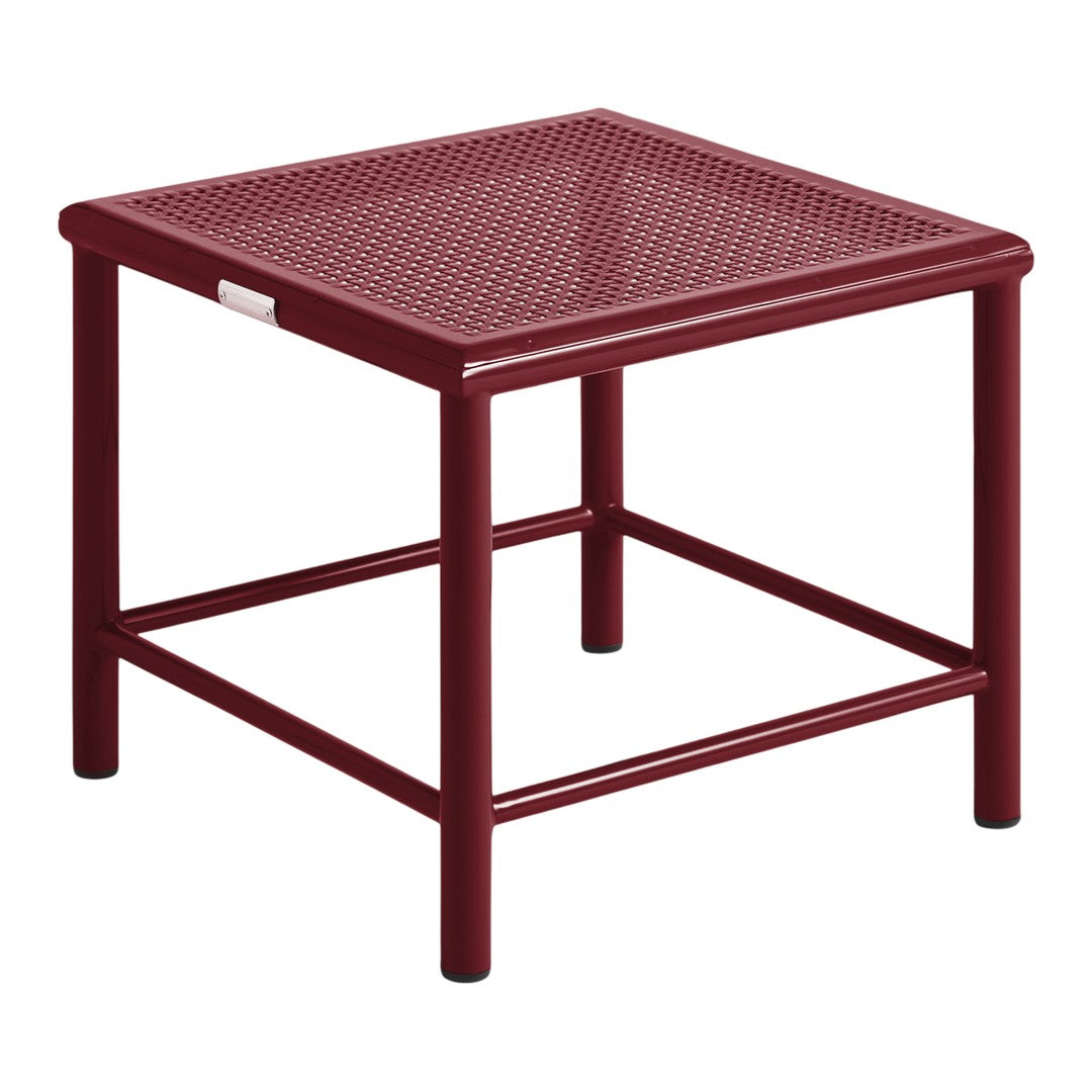 Burgundy square side table with a textured mesh pattern and sturdy metal frame. Ideal for outdoor or indoor use.