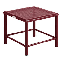 Burgundy square side table with a textured mesh pattern and sturdy metal frame. Ideal for outdoor or indoor use.