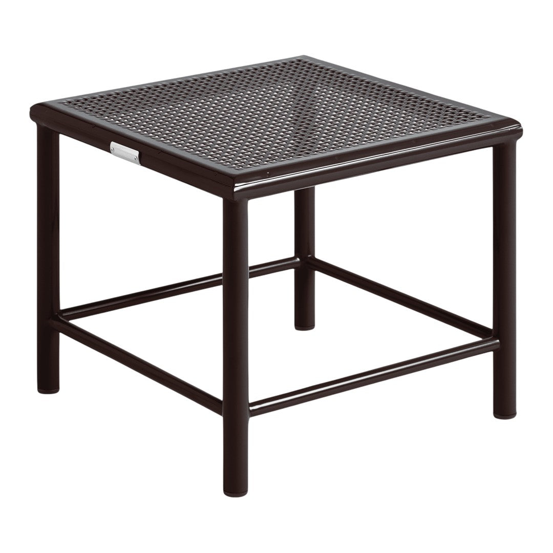 Black metal side table with a textured grid pattern on the top and sturdy square frame design.