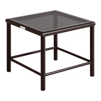 Black metal side table with a textured grid pattern on the top and sturdy square frame design.