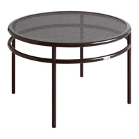 Round black metal coffee table with a mesh top and sleek, modern design. Ideal for indoor or outdoor settings.