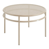 Round beige metal coffee table with a mesh pattern and sleek, modern design. Ideal for any contemporary space.