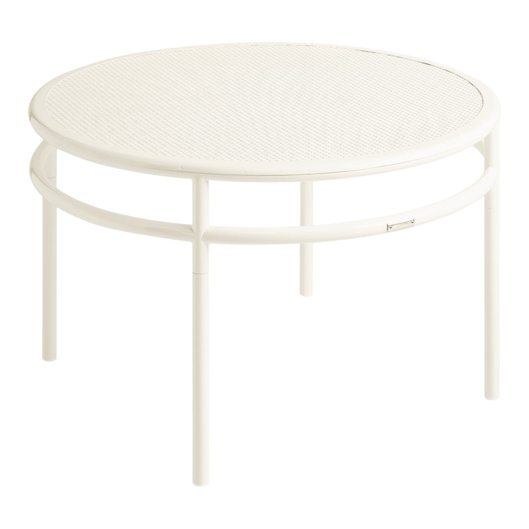 White round coffee table with a smooth surface and sleek, minimalist design. Perfect for modern decor.