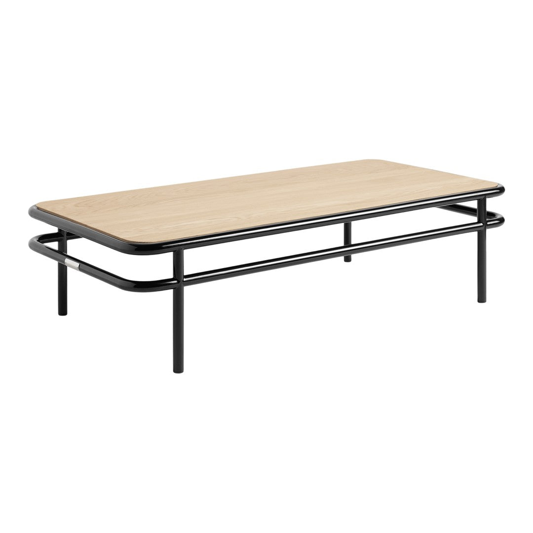 Natural wood tabletop with a light oak finish, accented by a sleek black metal frame.