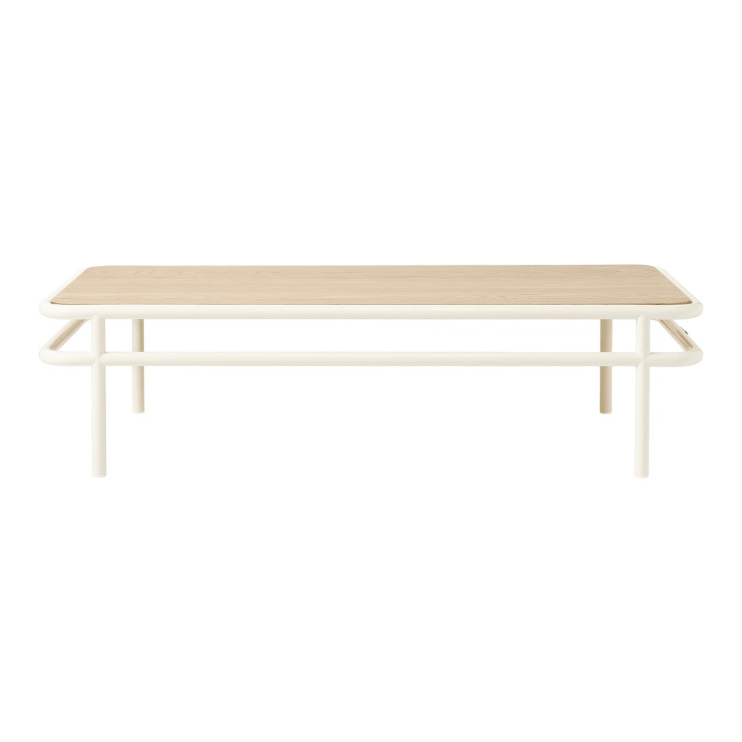 Light wood tabletop with a smooth finish and white metal frame, featuring a minimalist design and clean lines.