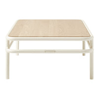 Square coffee table with a light wood top and a white frame, showcasing a minimalist, modern design.