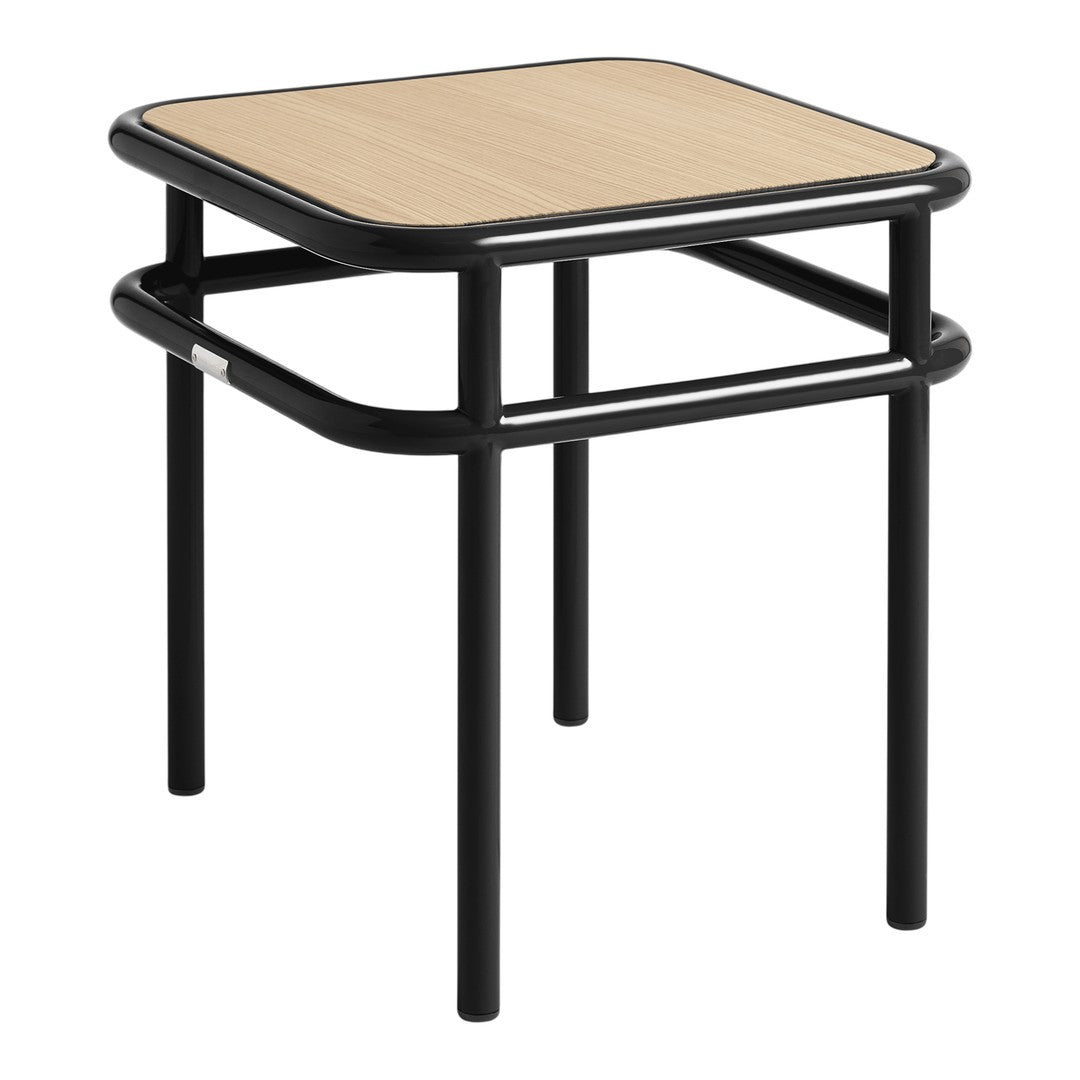 Black metal frame with a natural wood top, showcasing a sleek, modern design. Ideal for contemporary decor.