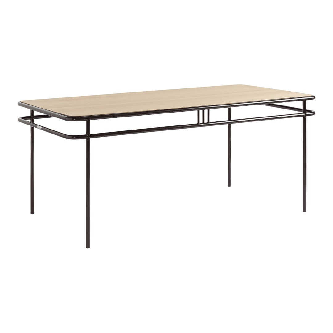 Light wood tabletop with a natural finish, framed by sleek black metal legs for a modern look.