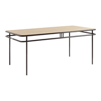 Light wood tabletop with a natural finish, framed by sleek black metal legs for a modern look.