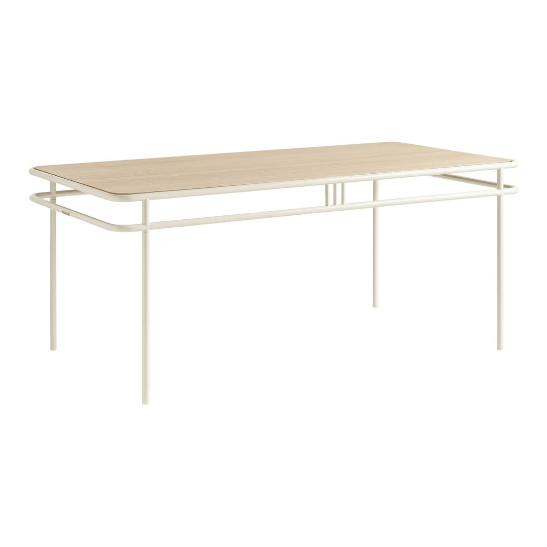 Light wood tabletop with a smooth finish, featuring a simple, minimalist cream-colored metal frame.