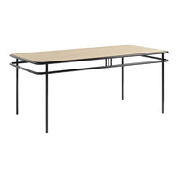 Light wood tabletop with natural grain pattern, supported by a sleek black metal frame. Ideal for modern interiors.