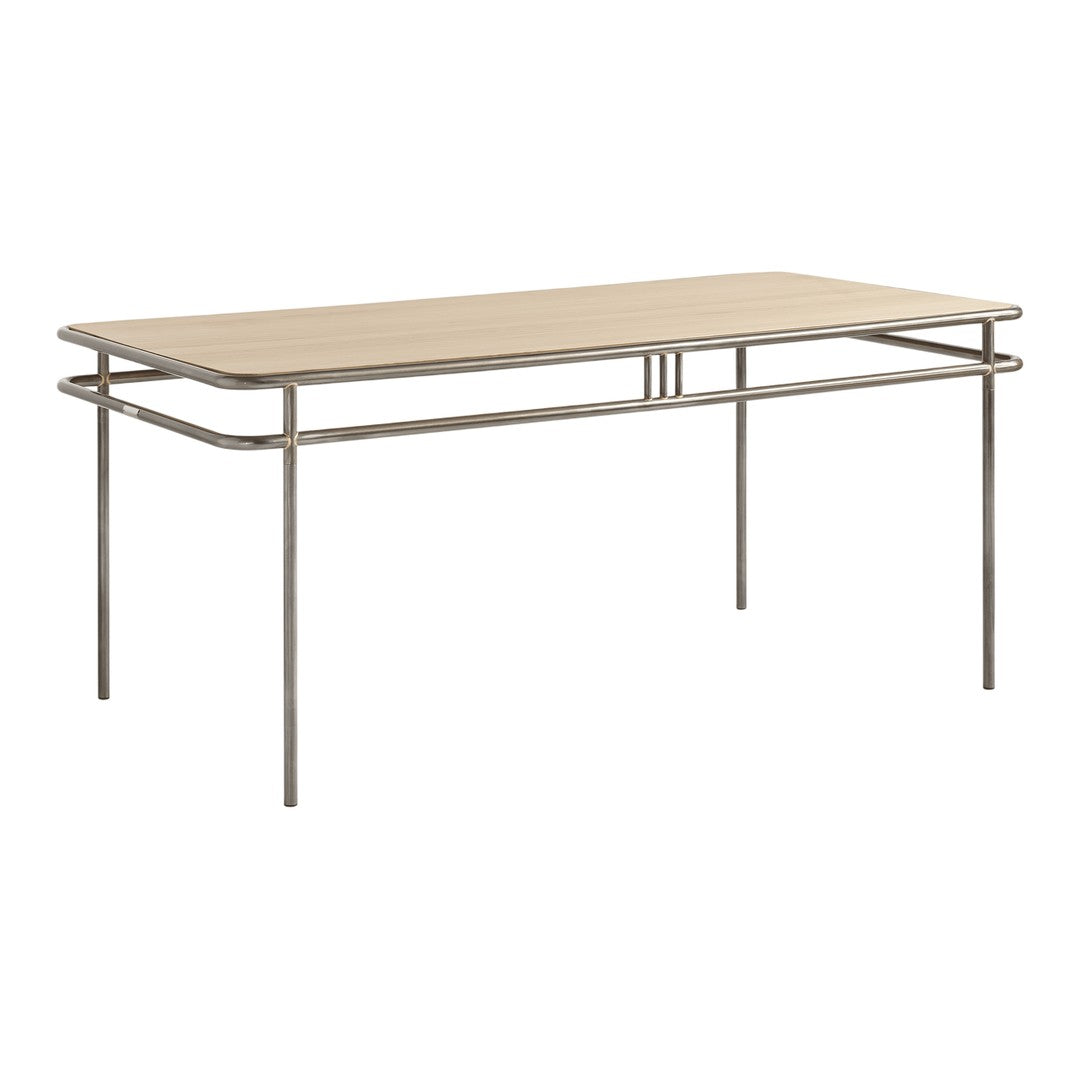 Light wood table with a smooth finish and sleek silver metal frame, featuring a minimalist design.