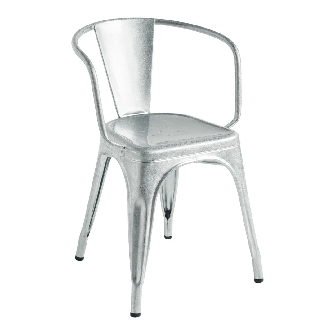 "Metallic silver chair with a minimalist design and curved back, perfect for modern decor."