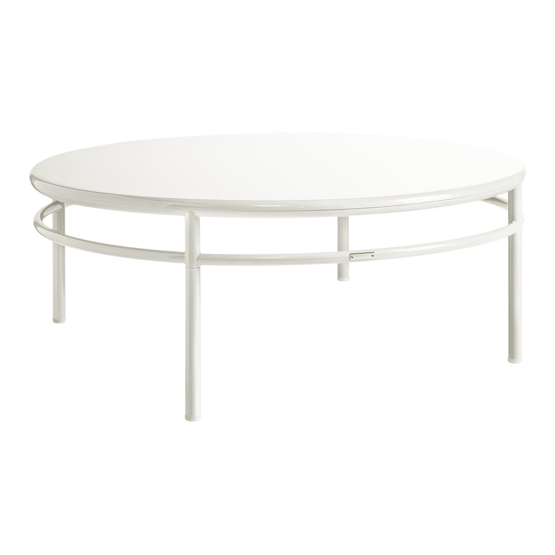 White circular coffee table with a sleek metal frame and smooth tabletop, showcasing minimalist design and modern style.