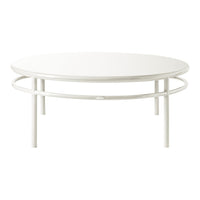 White round coffee table with a sleek, minimalist design and smooth surface, supported by a simple circular frame.