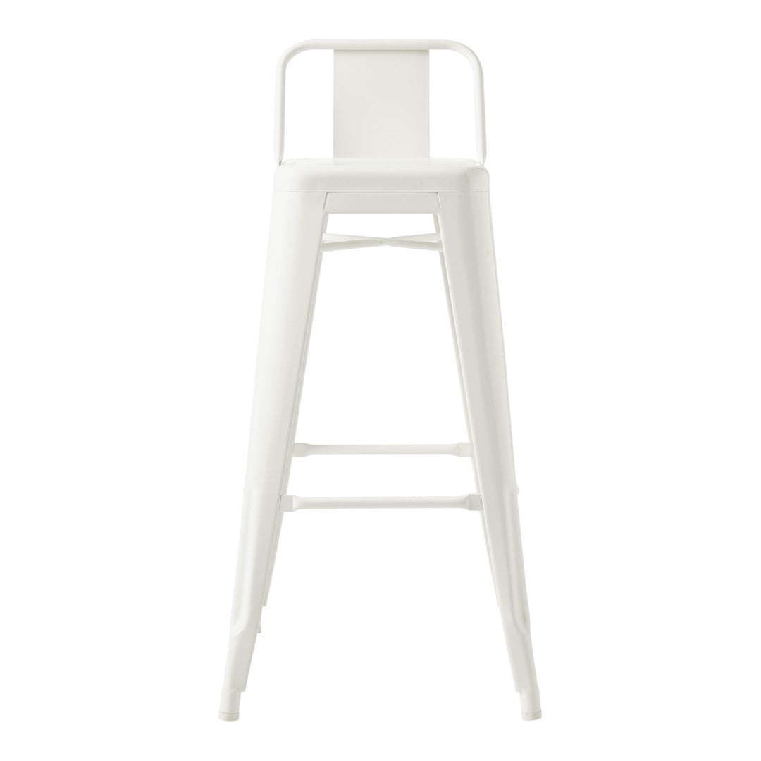 White metal bar stool with a sleek, minimalist design and no visible patterns.